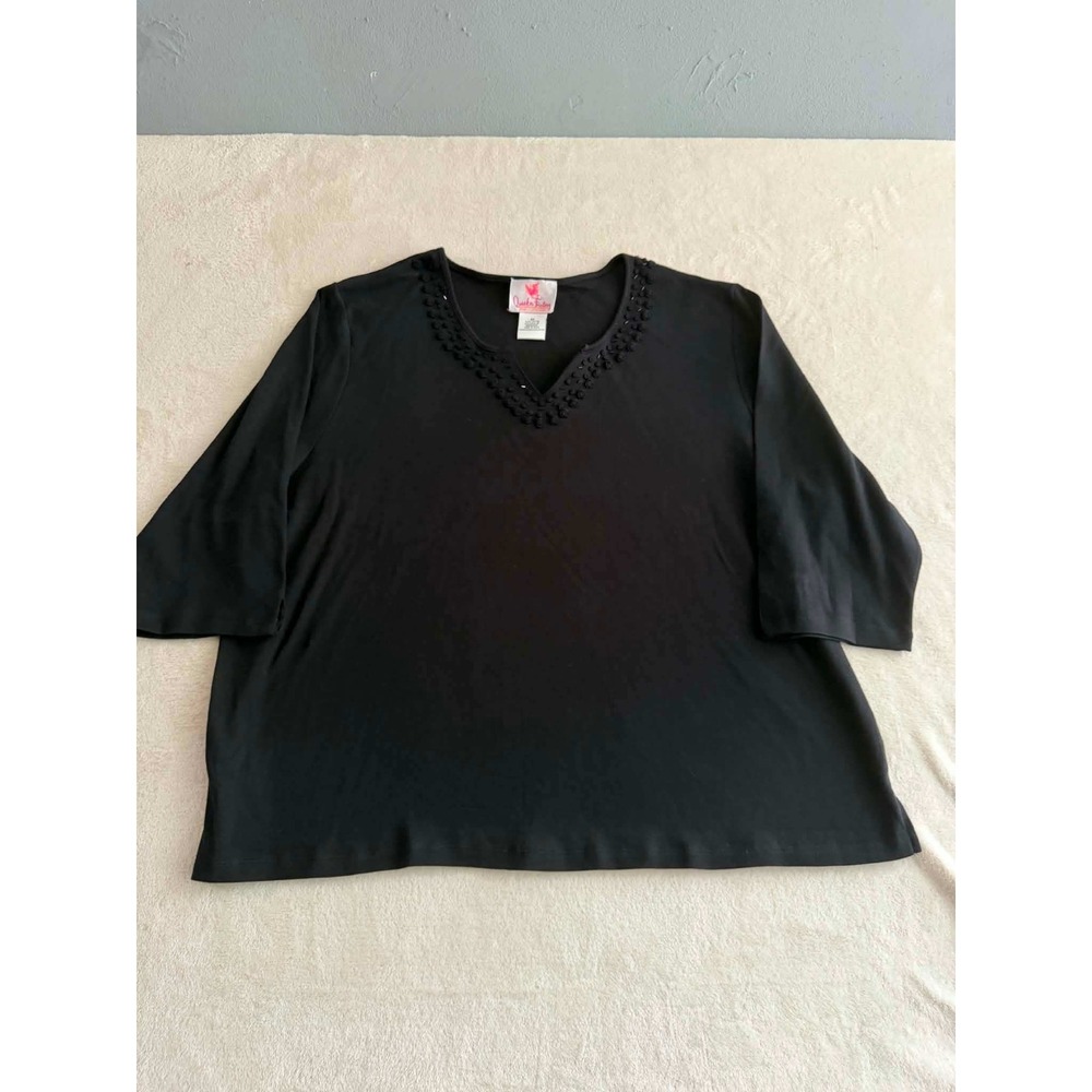 Quacker Factory Black Cotton Rosette Beaded V-Neck 3/4 Sleeve Top Plus Size 3X